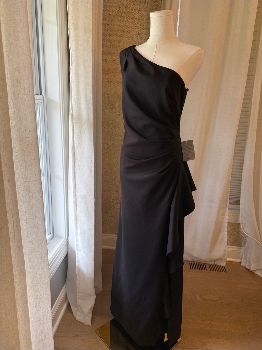 Xscape Black One-Shoulder Draped Evening Gown